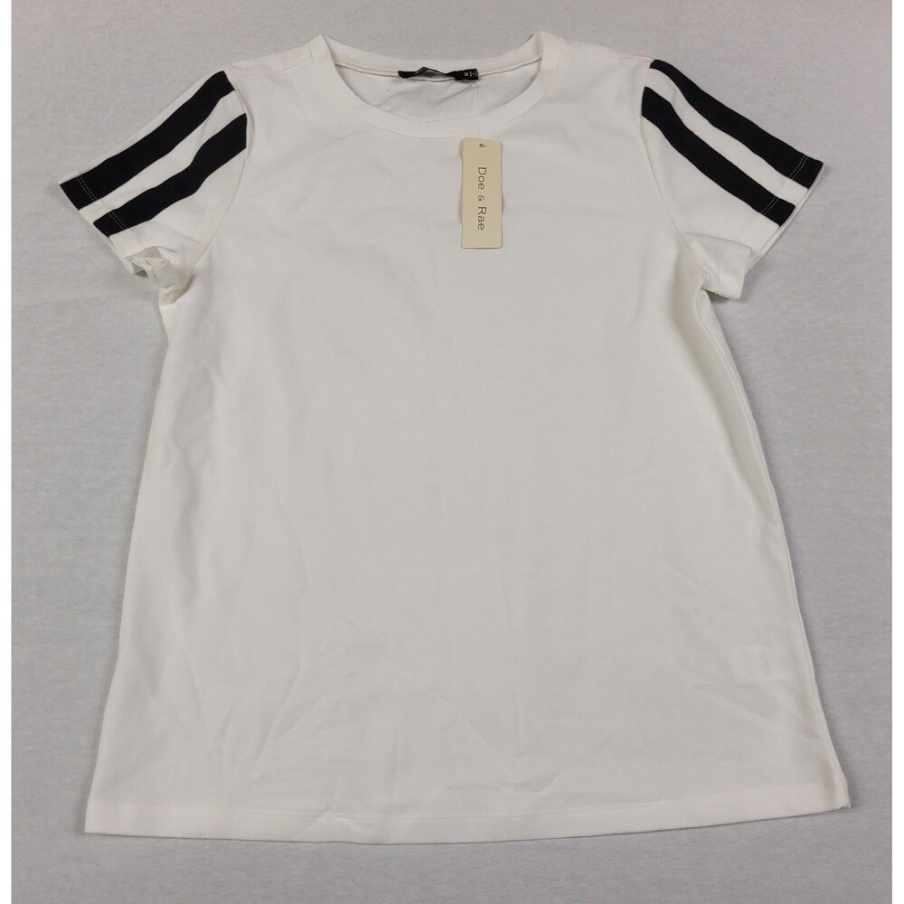 Doe & Rae Women's White Short Sleeve T-shirt w/ Black Stripes on Sleeves NWT M